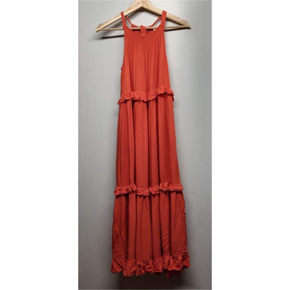 Sleeveless Coral Tiered Midi Dress